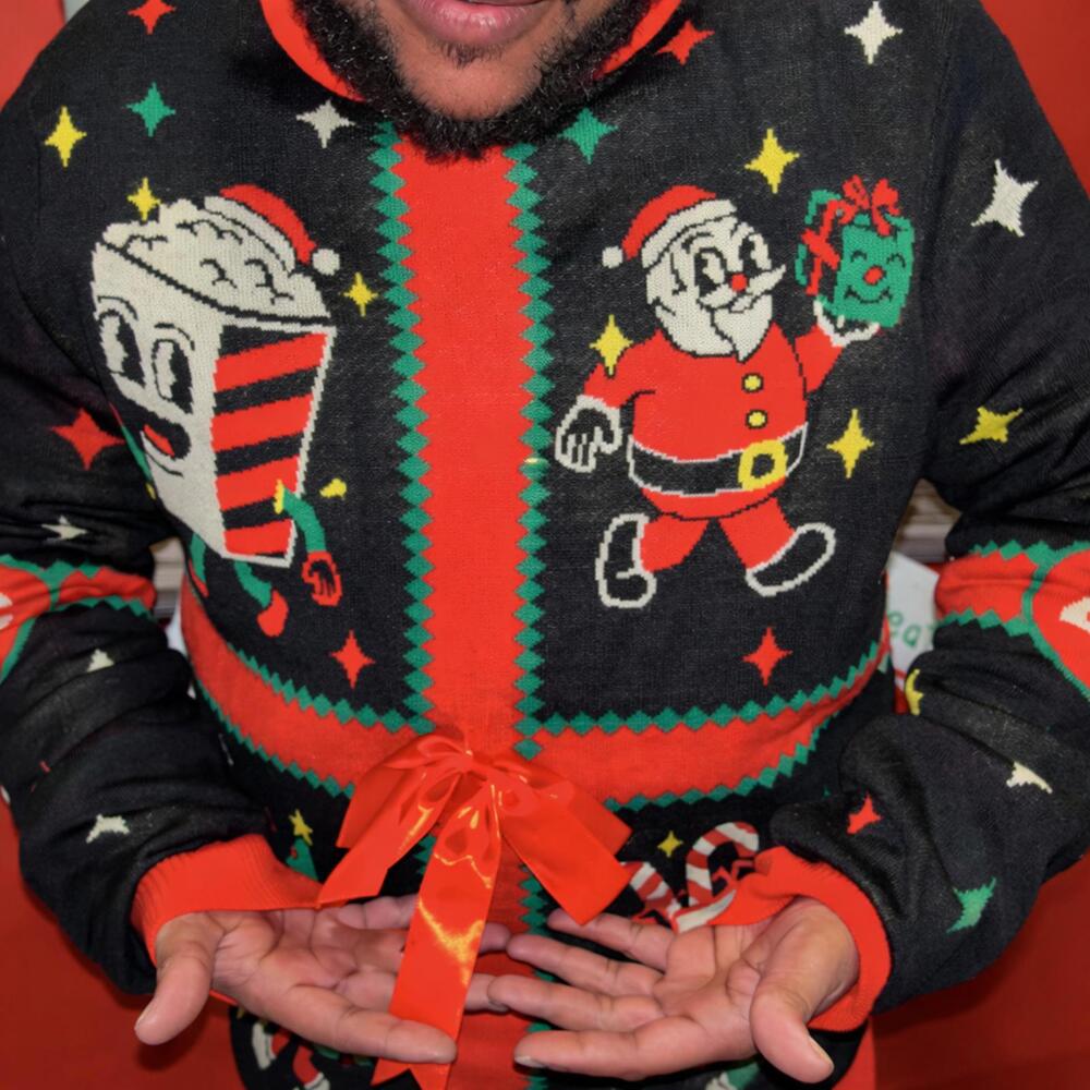 AMC Christmas Sweater Adult Large Black Holiday Popcorn Movie Bow Ugly Knit